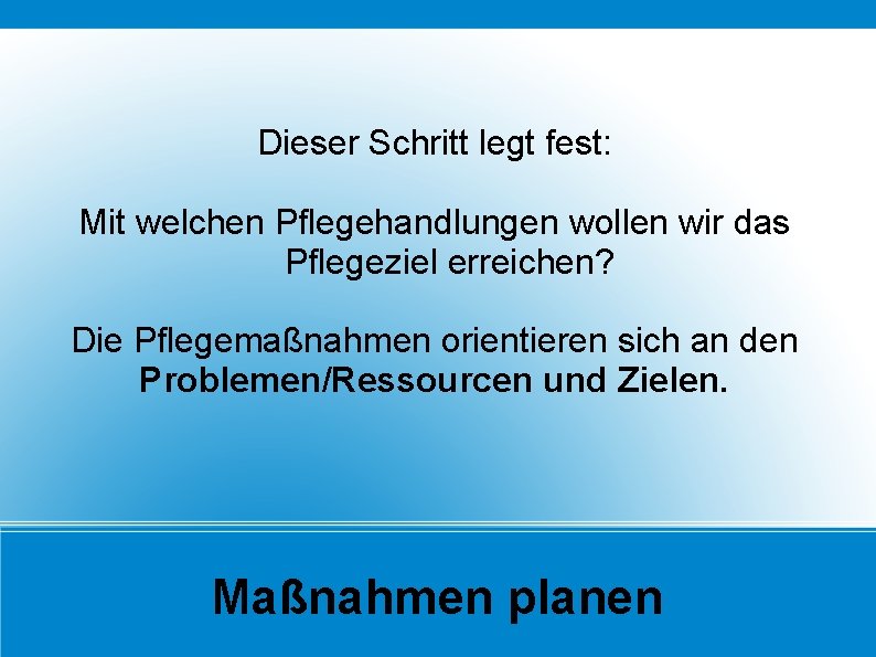 Dieser Schritt legt fest: Mit welchen Pflegehandlungen wollen wir das Pflegeziel erreichen? Die Pflegemaßnahmen