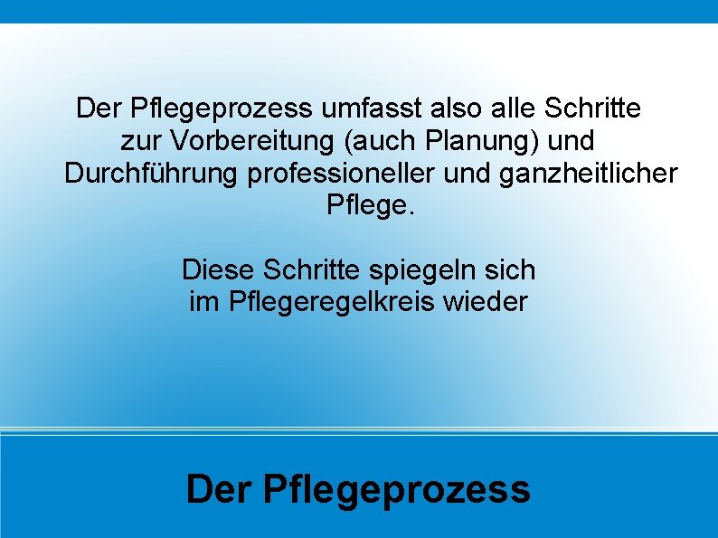 Der Pflegeprozess umfasst also alle Schritte zur Vorbereitung (auch Planung) und Durchführung professioneller und