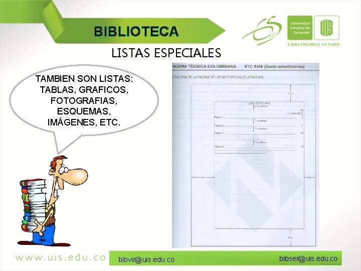 BIBLIOTECA LISTAS ESPECIALES TAMBIEN SON LISTAS: TABLAS, GRAFICOS, FOTOGRAFIAS, ESQUEMAS, IMÁGENES, ETC. bibvir@uis. edu.