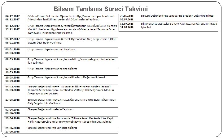 Bilsem Tanılama Süreci Takvimi 