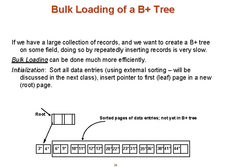 Bulk Loading of a B+ Tree If we have a large collection of records,