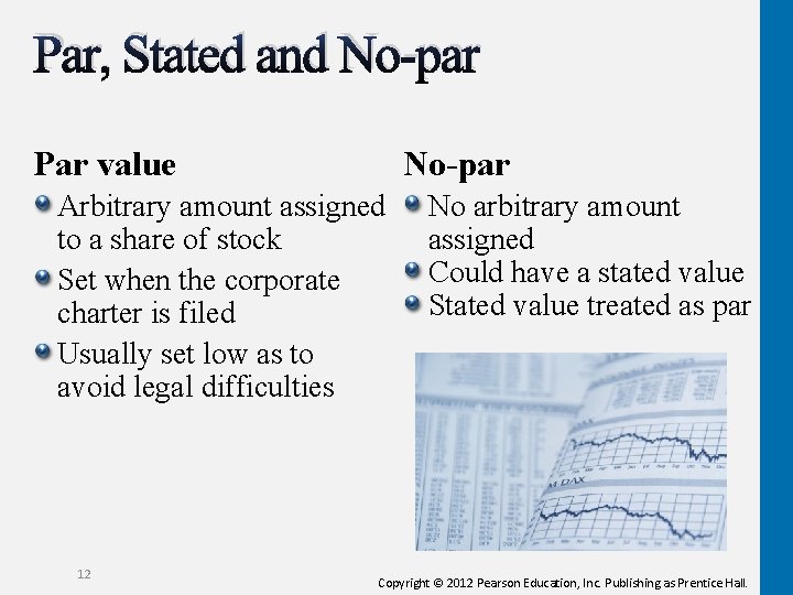 Par, Stated and No-par Par value No-par Arbitrary amount assigned to a share of