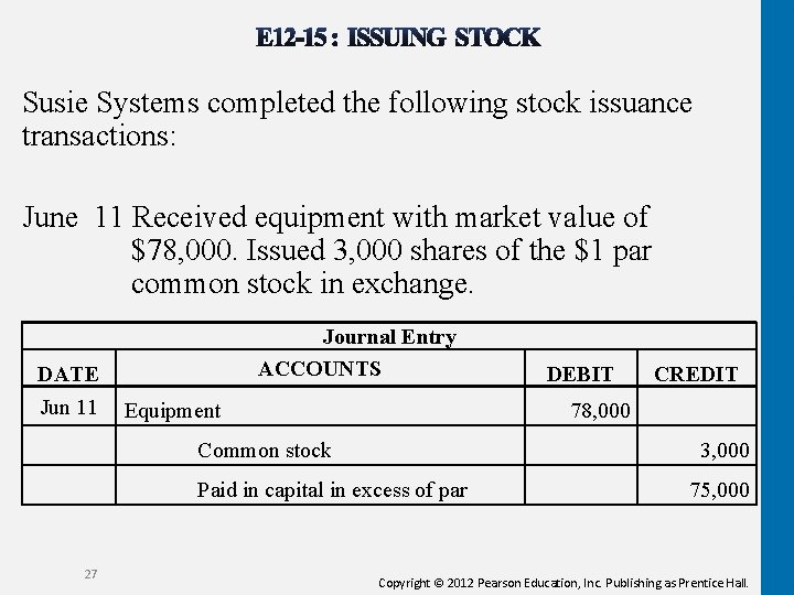 Susie Systems completed the following stock issuance transactions: June 11 Received equipment with market