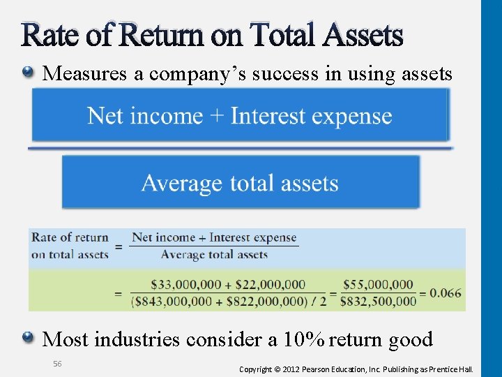 Rate of Return on Total Assets Measures a company’s success in using assets Most