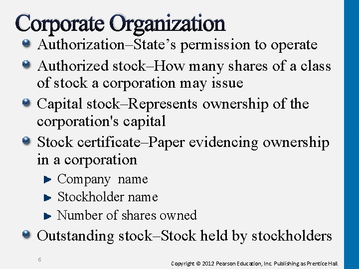 Corporate Organization Authorization–State’s permission to operate Authorized stock–How many shares of a class of