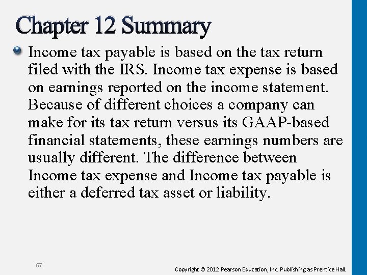 Chapter 12 Summary Income tax payable is based on the tax return filed with