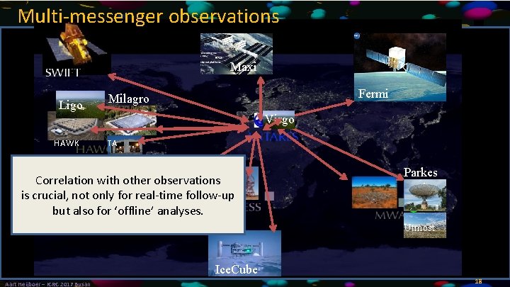 Multi-messenger observations Maxi Ligo Fermi Milagro Virgo HAWK TA Correlation with other observations is