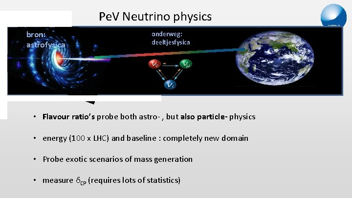 Pe. V Neutrino physics bron: astrofysica onderweg: deeltjesfysica • Flavour ratio’s probe both astro-