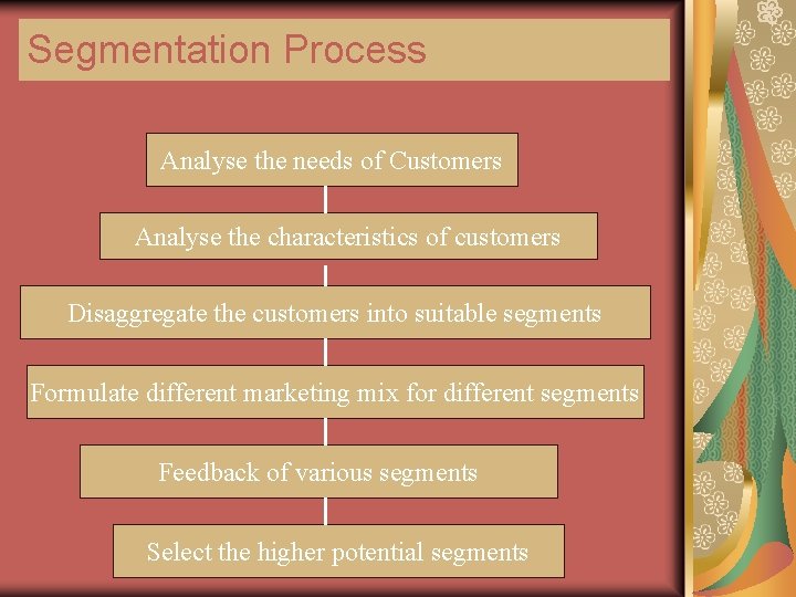 Segmentation Process Analyse the needs of Customers Analyse the characteristics of customers Disaggregate the