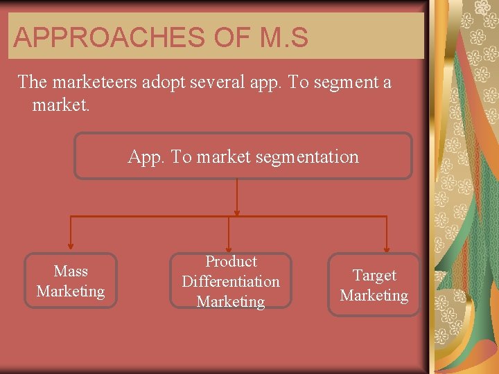 APPROACHES OF M. S The marketeers adopt several app. To segment a market. App.