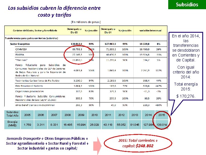 Subsidios Los subsidios cubren la diferencia entre costo y tarifas En el año 2014,