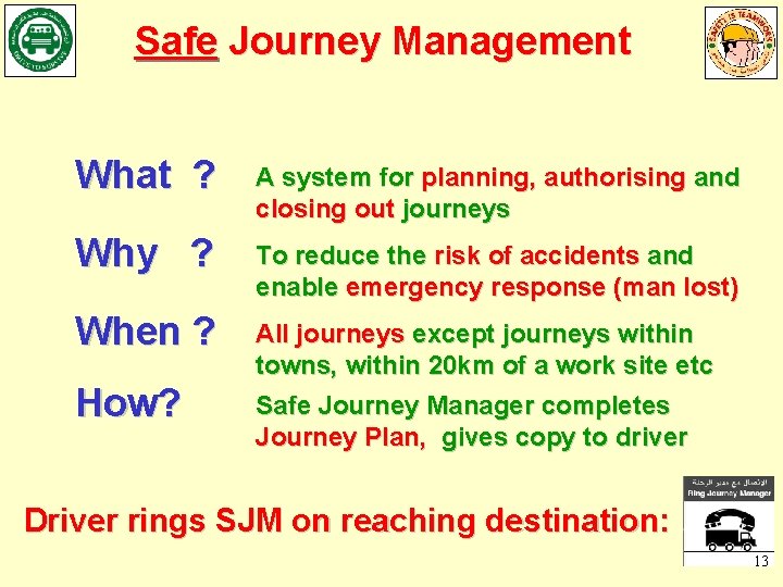 Safe Journey Management What ? A system for planning, authorising and closing out journeys