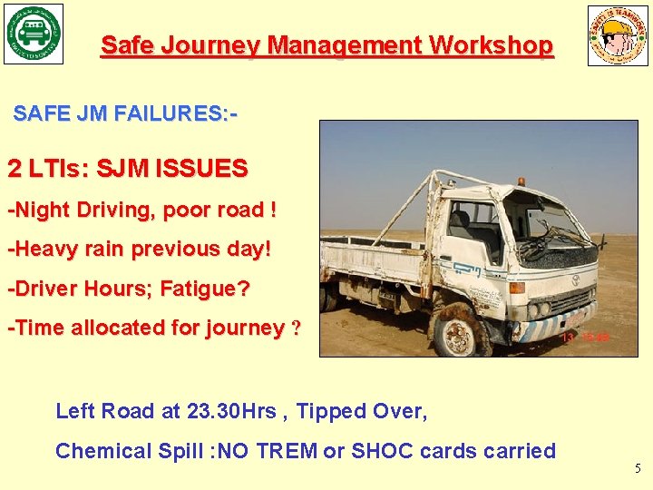 Safe Journey Management Workshop SAFE JM FAILURES: - 2 LTIs: SJM ISSUES -Night Driving,