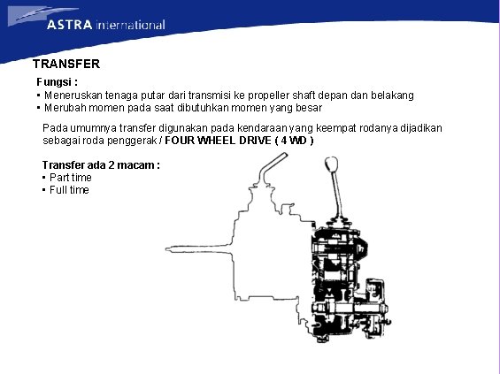 TRANSFER Fungsi : • Meneruskan tenaga putar dari transmisi ke propeller shaft depan dan