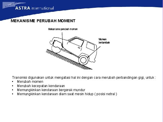 MEKANISME PERUBAH MOMENT Transmisi digunakan untuk mengatasi hal ini dengan cara merubah perbandingan gigi,