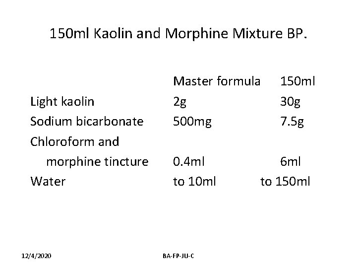 150 ml Kaolin and Morphine Mixture BP. Light kaolin Sodium bicarbonate Chloroform and morphine