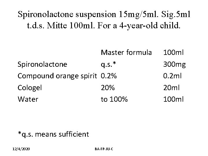 Spironolactone suspension 15 mg/5 ml. Sig. 5 ml t. d. s. Mitte 100 ml.