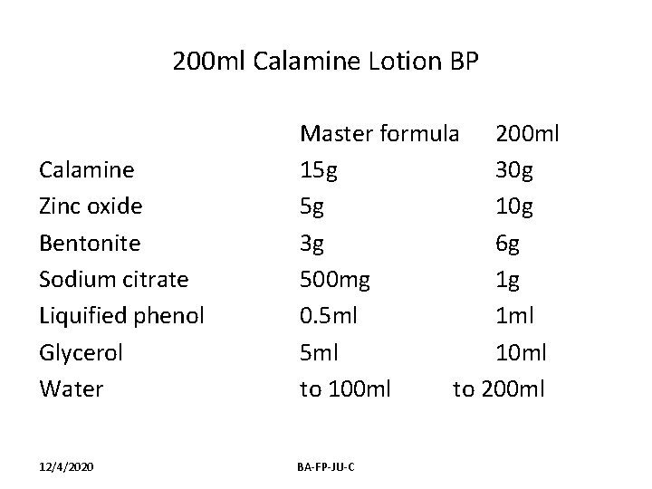 200 ml Calamine Lotion BP Calamine Zinc oxide Bentonite Sodium citrate Liquified phenol Glycerol