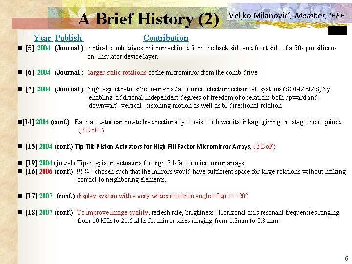  A Brief History (2) Year Publish Veljko Milanovic´, Member, IEEE Contribution n [5]