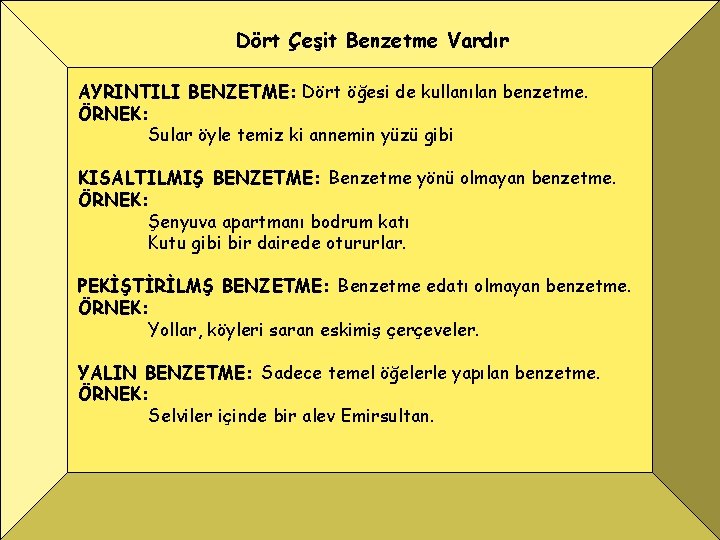 Dört Çeşit Benzetme Vardır AYRINTILI BENZETME: Dört öğesi de kullanılan benzetme. ÖRNEK: Sular öyle