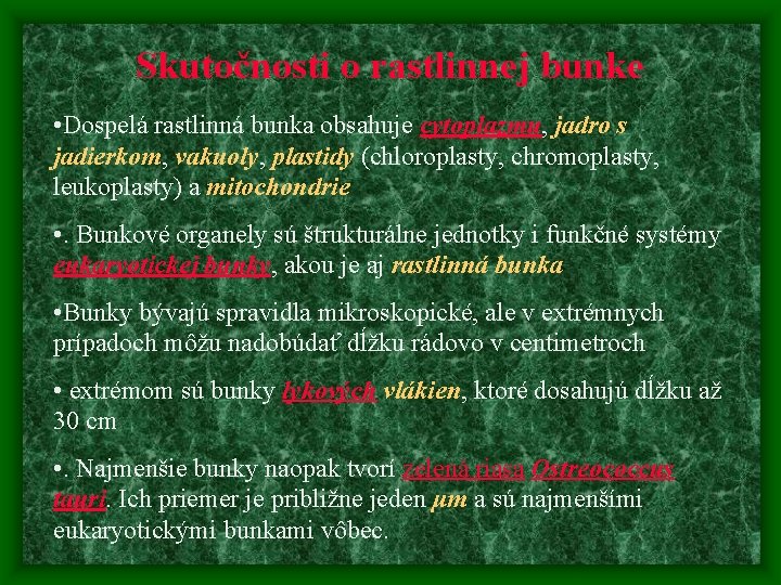 Skutočnosti o rastlinnej bunke • Dospelá rastlinná bunka obsahuje cytoplazmu, jadro s jadierkom, vakuoly, Skutočnosti o rastlinnej bunke • Dospelá rastlinná bunka obsahuje cytoplazmu, jadro s jadierkom, vakuoly,