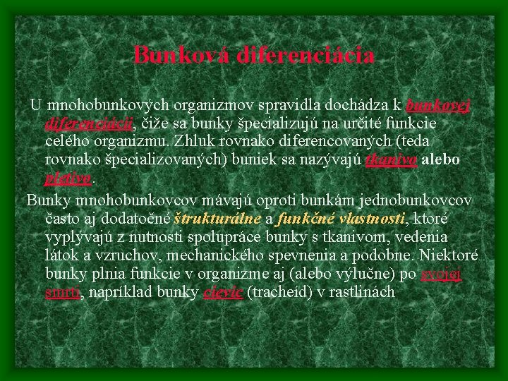 Bunková diferenciácia U mnohobunkových organizmov spravidla dochádza k bunkovej diferenciácii, čiže sa bunky špecializujú Bunková diferenciácia U mnohobunkových organizmov spravidla dochádza k bunkovej diferenciácii, čiže sa bunky špecializujú