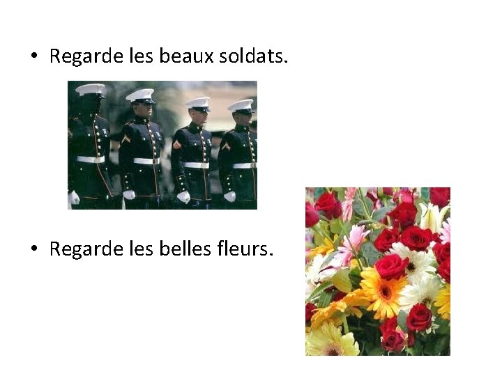  • Regarde les beaux soldats. • Regarde les belles fleurs. 
