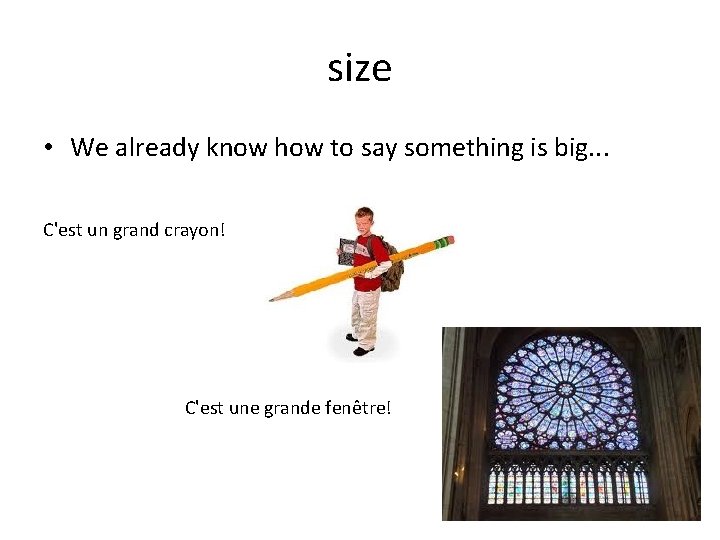 size • We already know how to say something is big. . . C'est