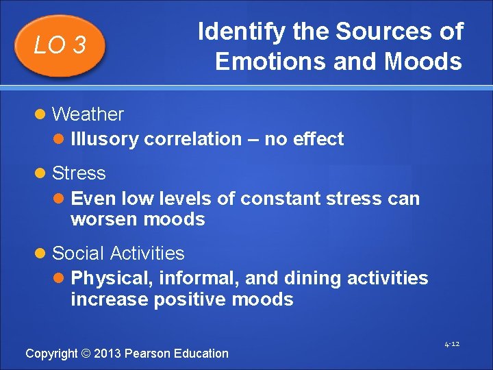 LO 3 Identify the Sources of Emotions and Moods Weather Illusory correlation – no