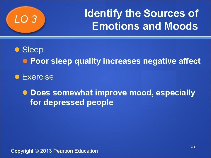 LO 3 Identify the Sources of Emotions and Moods Sleep Poor sleep quality increases