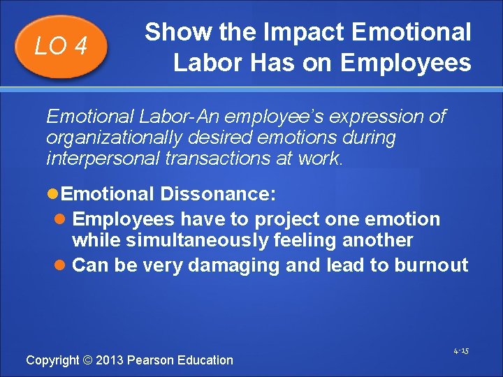 LO 4 Show the Impact Emotional Labor Has on Employees Emotional Labor-An employee’s expression