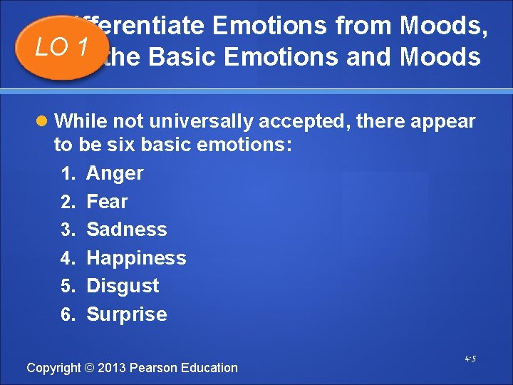 Differentiate Emotions from Moods, LO 1 the Basic Emotions and Moods List While not