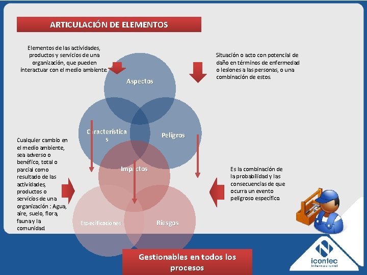 ARTICULACIÓN DE ELEMENTOS Elementos de las actividades, productos y servicios de una organización, que