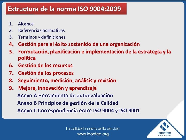 Estructura de la norma ISO 9004: 2009 1. Alcance 2. Referencias normativas 3. Términos