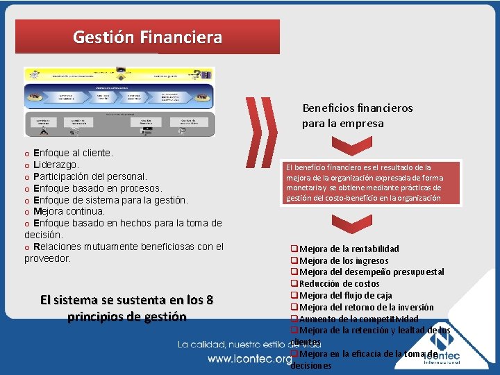 Gestión Financiera Beneficios financieros para la empresa o Enfoque al cliente. o Liderazgo. o