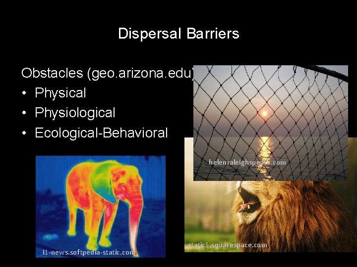 Dispersal Barriers Obstacles (geo. arizona. edu): • Physical • Physiological • Ecological-Behavioral helenraleighspeaks. com