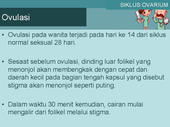 SIKLUS OVARIUM Ovulasi • Ovulasi pada wanita terjadi pada hari ke 14 dari siklus