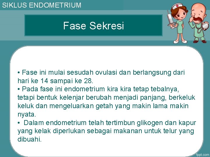 SIKLUS ENDOMETRIUM Fase Sekresi • Fase ini mulai sesudah ovulasi dan berlangsung dari hari