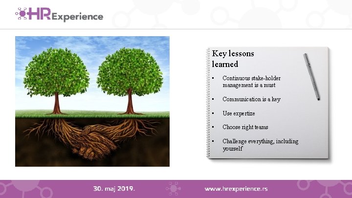 Key lessons learned • Continuous stake-holder management is a must • Communication is