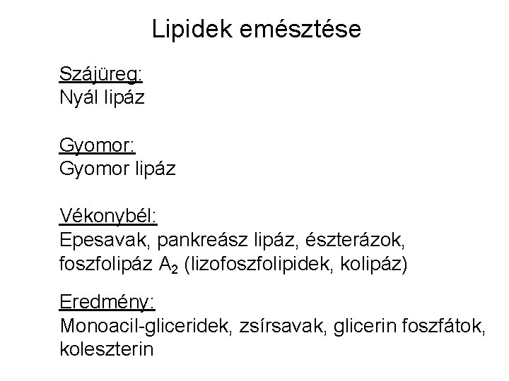 Lipidek emésztése Szájüreg: Nyál lipáz Gyomor: Gyomor lipáz Vékonybél: Epesavak, pankreász lipáz, észterázok, foszfolipáz