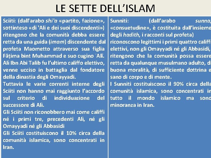 LE SETTE DELL’ISLAM Sciiti: (dall'arabo shi‛a «partito, fazione» , sottinteso «di ‛Ali e dei