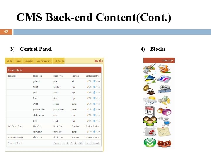 CMS Back-end Content(Cont. ) 17 3) Control Panel 4) Blocks 