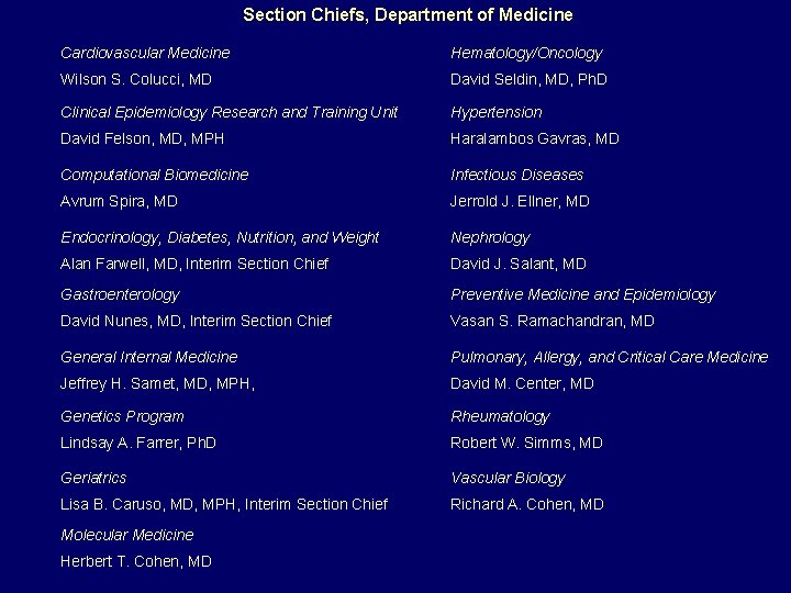 Section Chiefs, Department of Medicine Cardiovascular Medicine Hematology/Oncology Wilson S. Colucci, MD David Seldin,