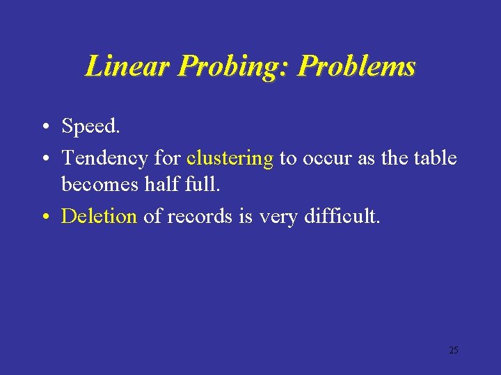 Linear Probing: Problems • Speed. • Tendency for clustering to occur as the table