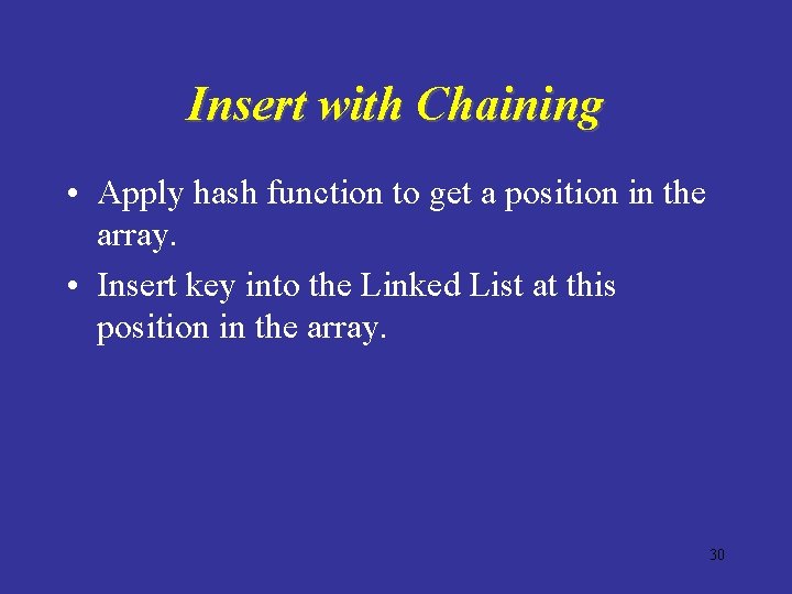 Insert with Chaining • Apply hash function to get a position in the array.