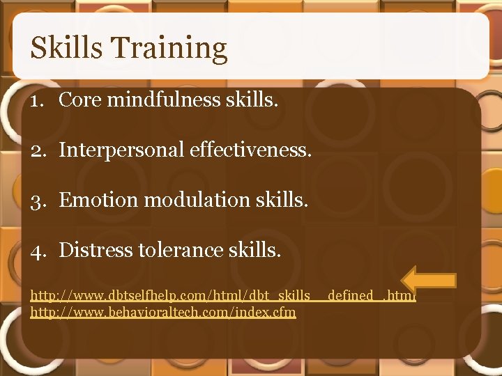 Skills Training 1. Core mindfulness skills. 2. Interpersonal effectiveness. 3. Emotion modulation skills. 4.