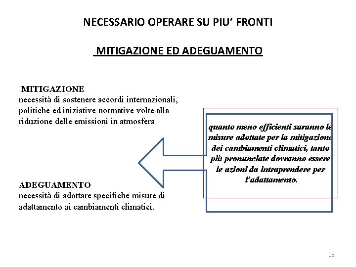 NECESSARIO OPERARE SU PIU’ FRONTI MITIGAZIONE ED ADEGUAMENTO MITIGAZIONE necessità di sostenere accordi internazionali,