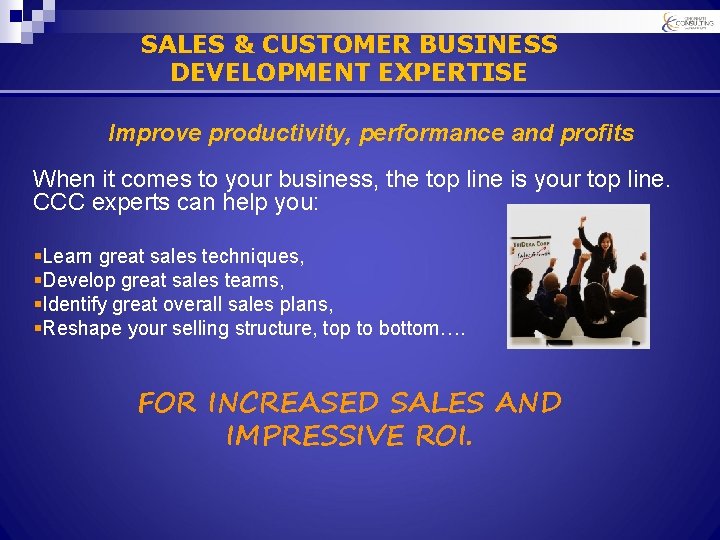 SALES & CUSTOMER BUSINESS DEVELOPMENT EXPERTISE Improve productivity, performance and profits When it comes