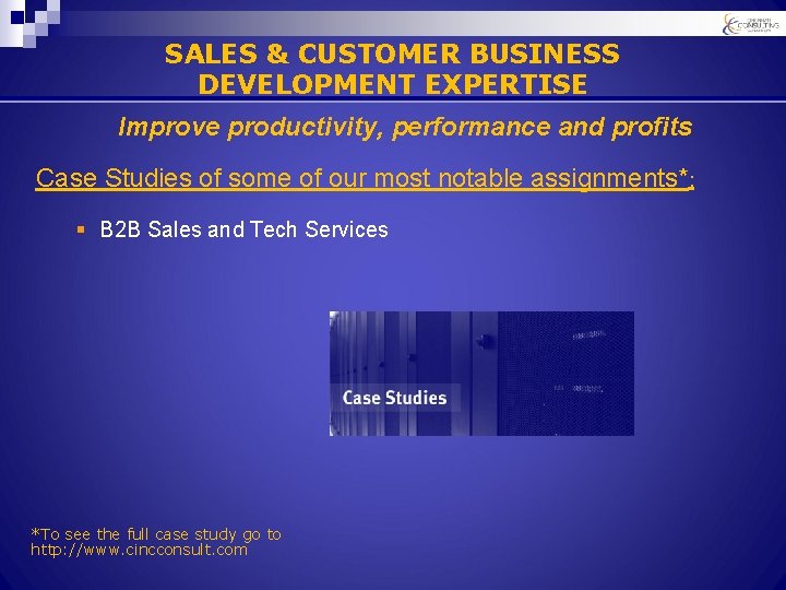 SALES & CUSTOMER BUSINESS DEVELOPMENT EXPERTISE Improve productivity, performance and profits Case Studies of
