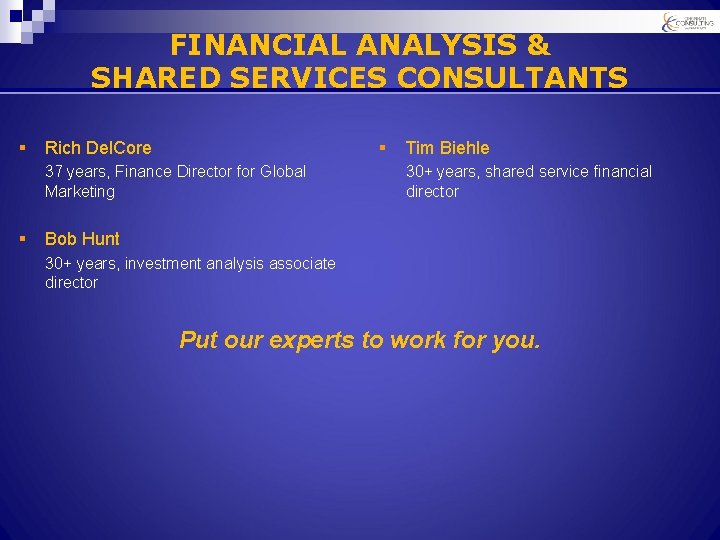 FINANCIAL ANALYSIS & SHARED SERVICES CONSULTANTS § § Rich Del. Core 37 years, Finance